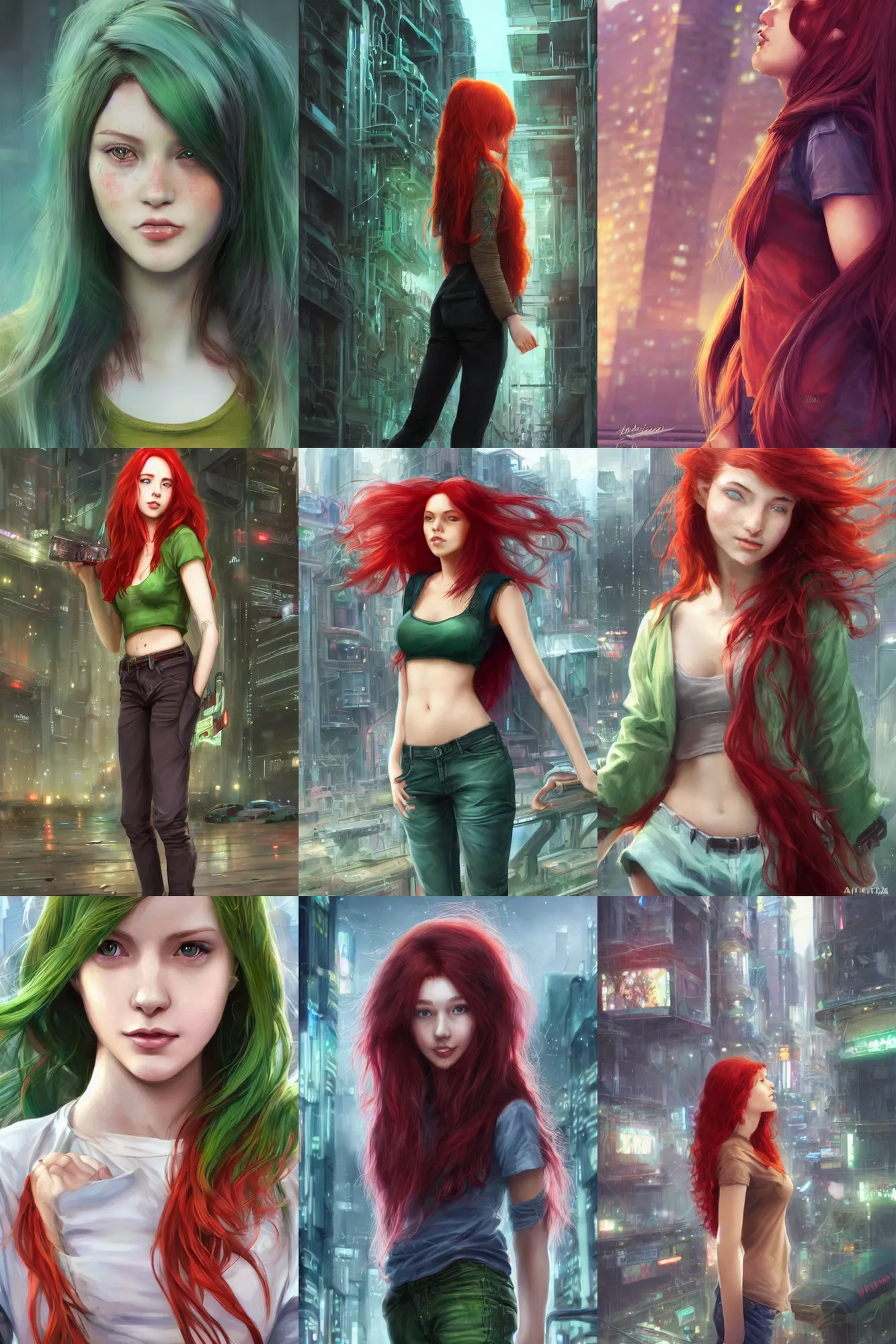 Prompt: beautiful cute red haired joyful and playful nineteen year old young girl standing up in casual green clothing, long hair, cyberpunk city, rpg character, sci - fi, fantasy, intricate, elegant, digital painting, artstation, concept art, smooth, 8 k frostbite 3 engine, ultra detailed, art by artgerm and greg rutkowski and magali villeneuve