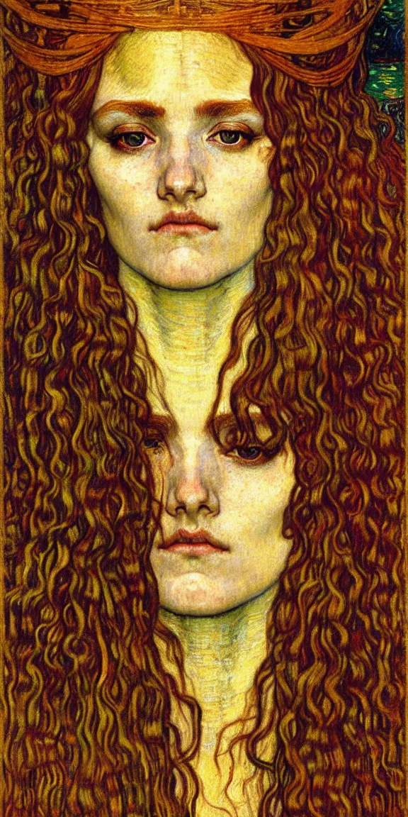 Image similar to detailed realistic beautiful young medieval queen face portrait by jean delville, gustav klimt and vincent van gogh, art nouveau, symbolist, visionary, gothic, pre - raphaelite, muted earthy colors, desaturated