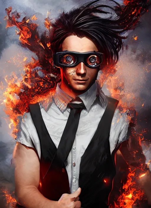 Image similar to An epic fantasy comic book style portrait painting of young man with red spiked long hair, using googles. Wearing a black waistcoat, white shirt. Fire on his hands. Unreal 5, DAZ, hyperrealistic, octane render, cosplay, RPG portrait, dynamic lighting