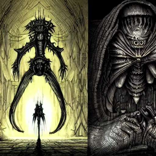 Image similar to Dark Souls in the style of H.R.Giger, minimalist