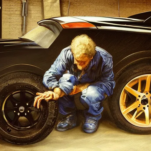 Prompt: man changes tire in autoshop In the style of Rembrandt, hyper realistic, hyper detailed, baroque, trending on artstation