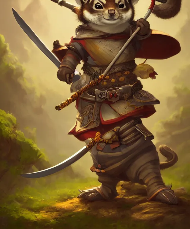 Image similar to anthropomorphic chipmunk samurai, samurai outfit, standing in a beautiful landscape, cute and adorable, dnd character art portrait, matte fantasy painting, deviantart artstation, by jason felix by steve argyle by tyler jacobson by peter mohrbacher, cinematic lighting