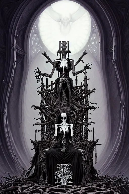 Image similar to an illustration of the blind bone goddess on her throne of bones, full figure, intricate, gothic, highly detailed, digital painting, trending on artstation, smooth, sharp focus, illustration, art by greg rutkowski, loish, rhads, makoto shinkai and lois van baarle, ilya kuvshinov, rossdraws