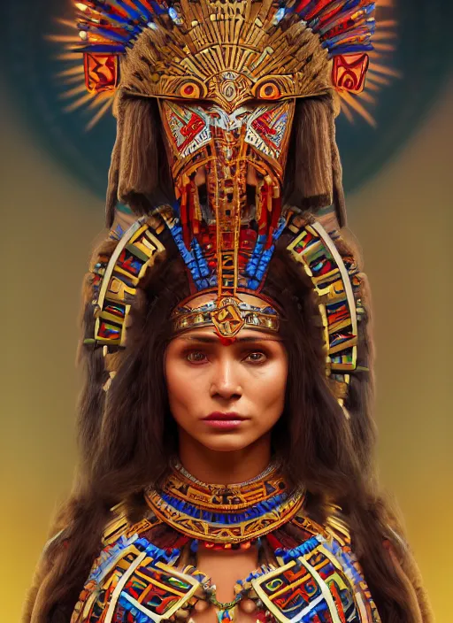 Prompt: beautiful aztec warrior priestess highly detailed portrait concept art, aztec folklore symbols, doom, artgerm, alphonse mucha, maxim sukharev, alexey egorov, kilian eng, radiant aura, majestic, masterpiece, psychedelic, vibrant, trending on pixiv, octane render, 8 k