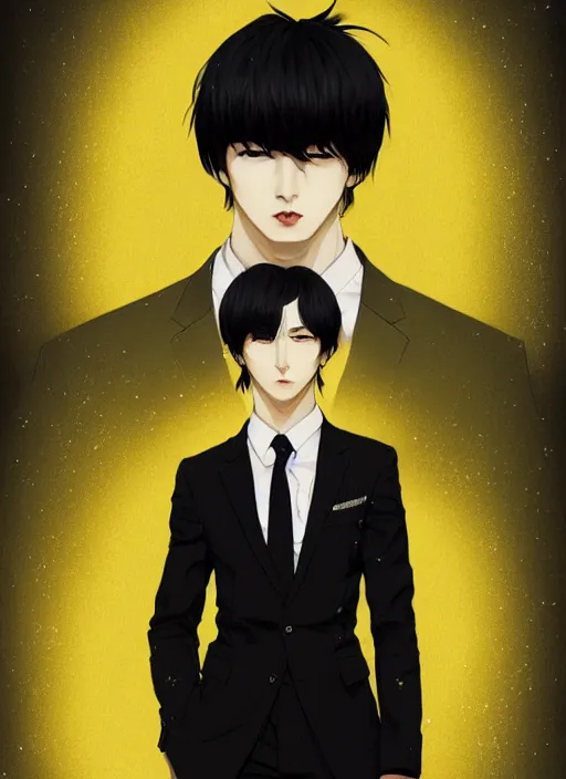 Image similar to a highly detailed illustration of kento yamazaki as pale skin hero wearing black suit and tie with coattails, yellow eyes, dramatic standing pose, intricate, elegant, highly detailed, centered, digital painting, artstation, concept art, smooth, sharp focus, league of legends concept art, wlop.