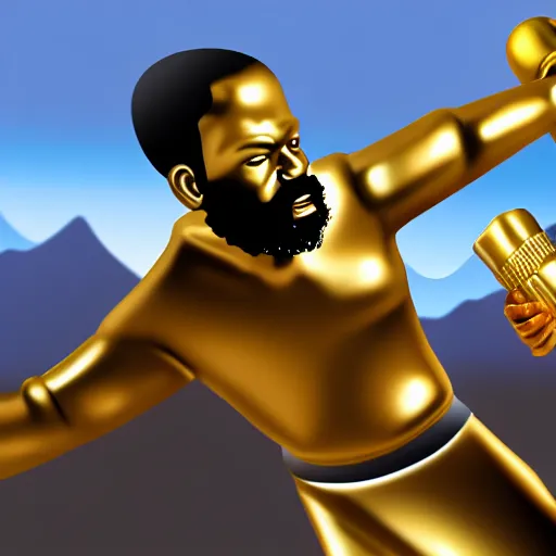 Image similar to black person with golden mace in hands fighting lenin in mountains, photorealistic