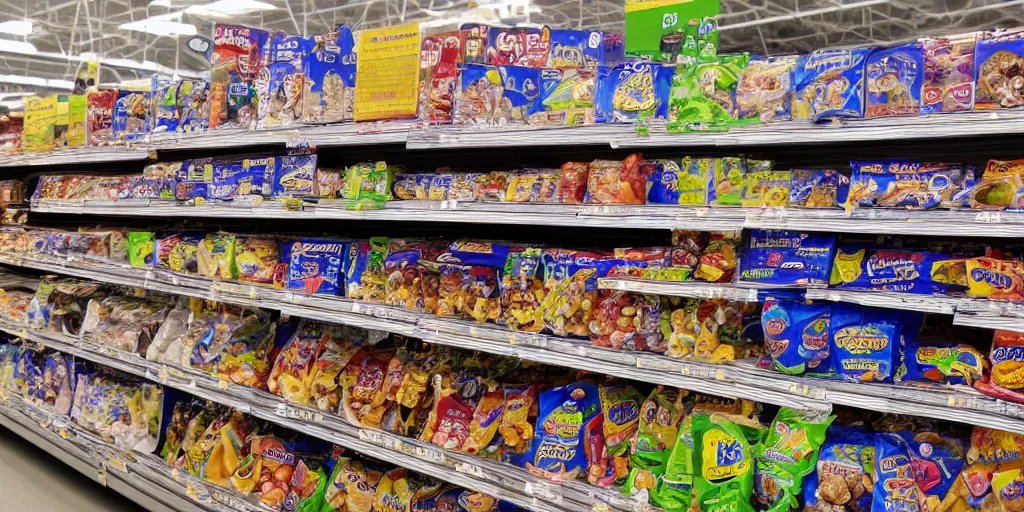 Prompt: 4K texture of Walmart shelves lined with snacks, photorealistic