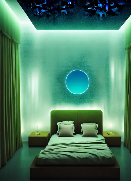 Image similar to high depth, collective civilization bedrooms, calm, healing, resting, life, hybrids, scifi, glowing lights, published concept art, art in the style of all and none and everything and infinity, night long exposures