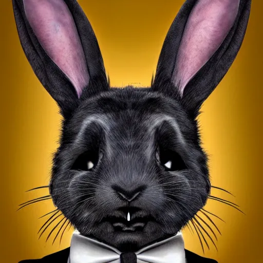 Image similar to A extremely highly detailed majestic hi-res beautiful, highly detailed head and shoulders portrait of a scary terrifying, horrifying, creepy black cartoon rabbit with scary big eyes, earing a shirt laughing, lets be friends, in the style of Walt Disney
