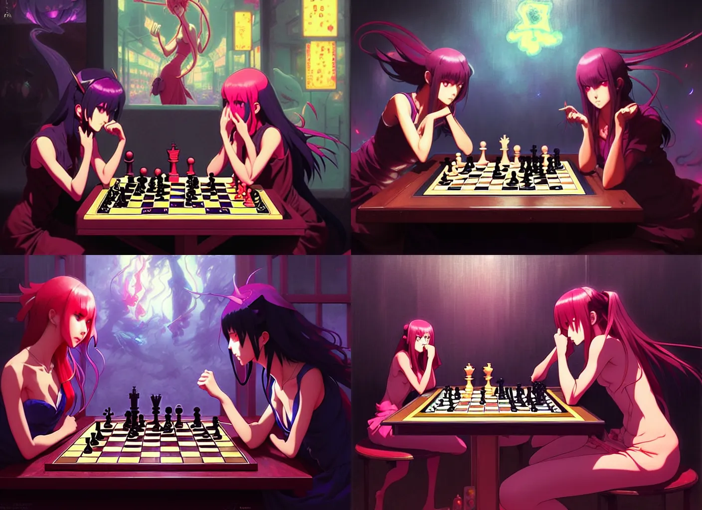 Prompt: psychedelic demon women playing chess at an arcade, finely detailed features, perfect art, gapmoe yandere grimdark, trending on pixiv fanbox, painted by greg rutkowski makoto shinkai takashi takeuchi studio ghibli,, akihiko yoshida