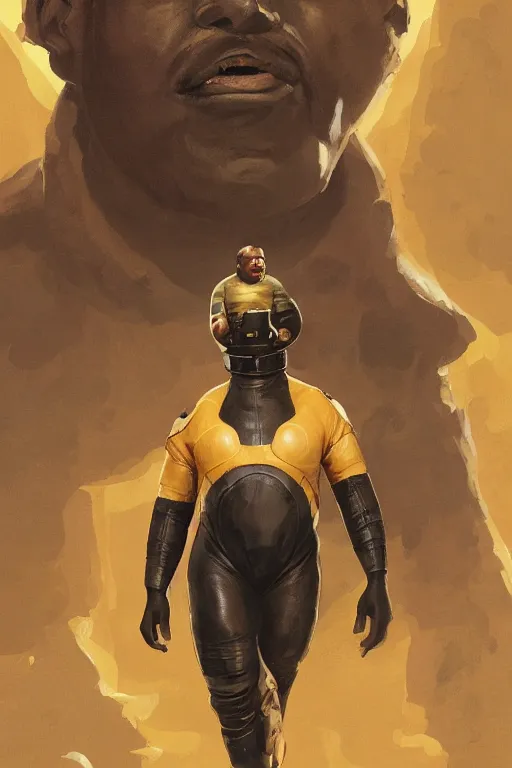 Image similar to portrait of a black man as baron harkonnen wearing leather spacesuit, standing on rocky outcrop, detailed, illustration by normal rockwell, artstation character art, adebanji alade, concept art, greg rutkowski