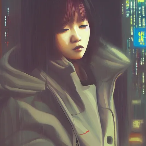 Image similar to a beautiful painting artwork portrait of a kpop icon on a rainy night, cyberpunk, by ilya kuvshinov featured on artstation