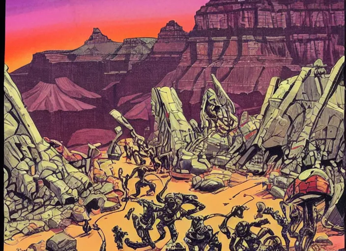 Image similar to comic book drawing of aliens building a base at the grand canyon by jack kirby!!! and simon bisley, epic, awesome bright color palette, hard contrast, black ink outlines