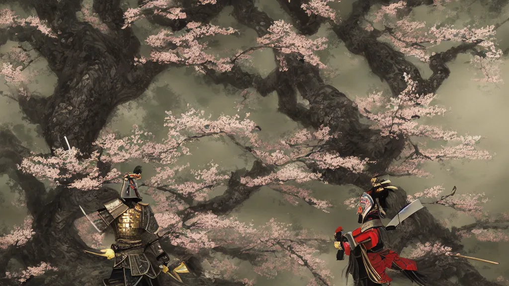 Image similar to beautiful japanese painting of an armoured samurai meditating under a blossom tree, realistic, digital painting, concept art, matte painting, cinematic night lighting, 8 k, highly detailed, detailed terrain