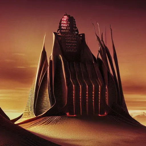 Prompt: house harkonnen from dune designed by hr giger moebius leonardo da vinci anton la vey and yasushi nirasawa, octane render, photorealistic, hdr, volumetric lighting, bokeh, sunset peeking through angular windows, advanced architectural design with led light background, glowing small red diodes, menacing design, 8 k - w 9 6 0