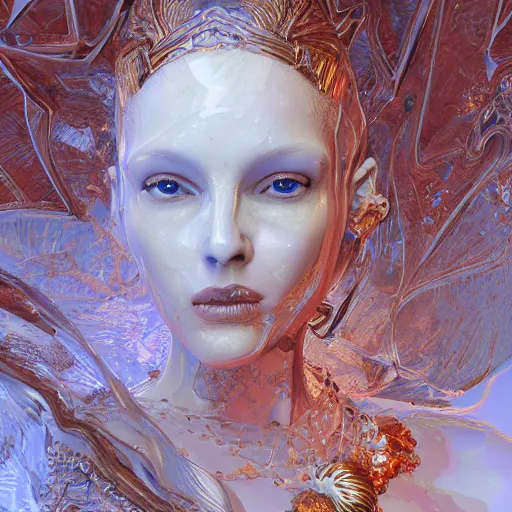 Prompt: abstract highly detailed female sculpture drawing made of white marble and red crystals quartz and minerals, ethereal lights, fine details, artstation, digital paint, fantasy, cinematic photoshooting, illustration, 8 k, intricate golden filigree, octane render, hypperrealistic painting, abstract liquid acrylic art, painting by james gilleard and minna sundberg