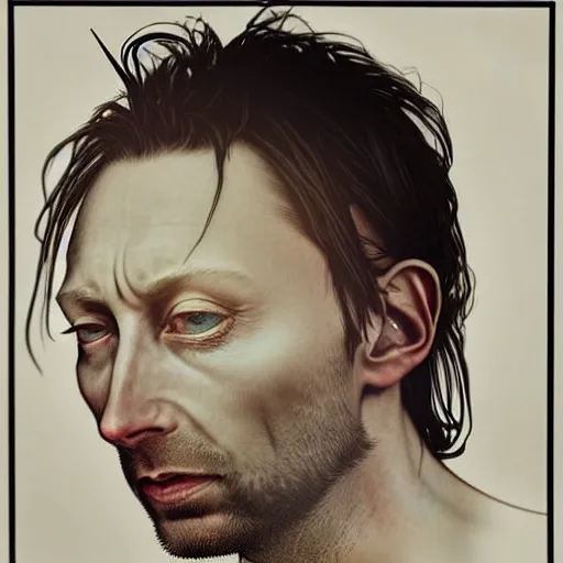 Image similar to hyper realistic portrait of cleanshaven thom yorke hairless, variations singer songwriter ok computer, ( side ) profile, liminal space, by lee bermejo, alphonse mucha and greg rutkowski, no beard, smooth face