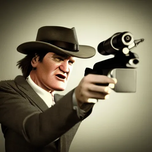 Image similar to hyper real photo of quentin tarantino with Pistol in 1930s, film noir style, octane render, cinematic portrait, insanely detailed