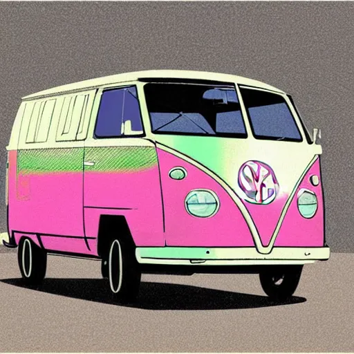 Image similar to illustration of an old van volkswagen, may 6 8, pastel colors, cool, hippie by victo ngai