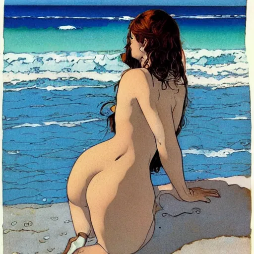 Image similar to women at beach by Milo Manara,