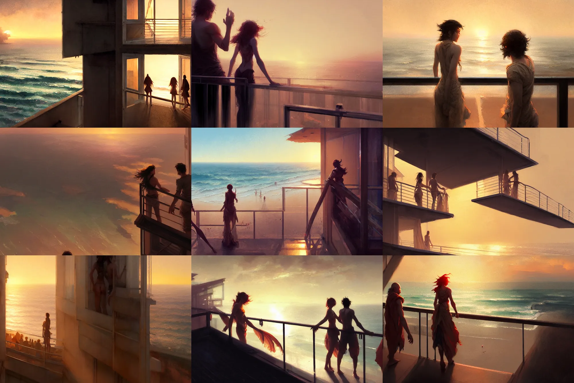 Prompt: close - up of two people standing on a balcony overlooking a beach at sunset, highly detailed, magical, digital painting, concept art, matte, art by ruan jia and wlop and greg rutkowski and makoto shinkai, masterpiece