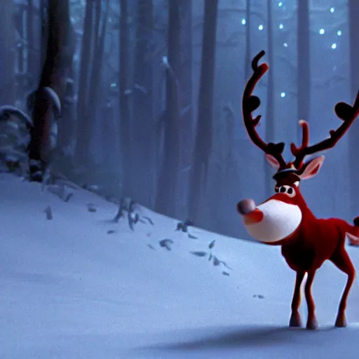 Image similar to a cinematic film still from a 2001 Pixar horror movie about an anthropomorphic Reindeer that turns evil, in the style of Pixar, shallow depth of focus