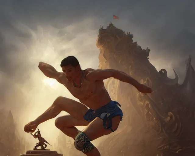 Image similar to long jump, olympics, games, sand, leap, jump, crowd, arena, deep focus, d & d, fantasy, intricate, elegant, highly detailed, digital painting, artstation, concept art, matte, sharp focus, illustration, hearthstone, art by artgerm and greg rutkowski and alphonse mucha