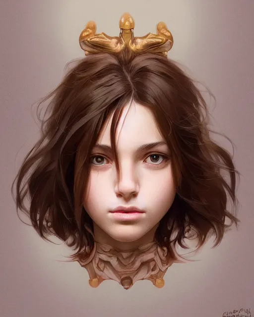 Image similar to symmetry!! portrait of 1 5 - year - old girl with voluminous bushy brown hair, large front teeth, and bright piercing brown eyes, highly detailed, digital painting, artstation, concept art, smooth, sharp focus, illustration, art by artgerm and greg rutkowski and alphonse mucha