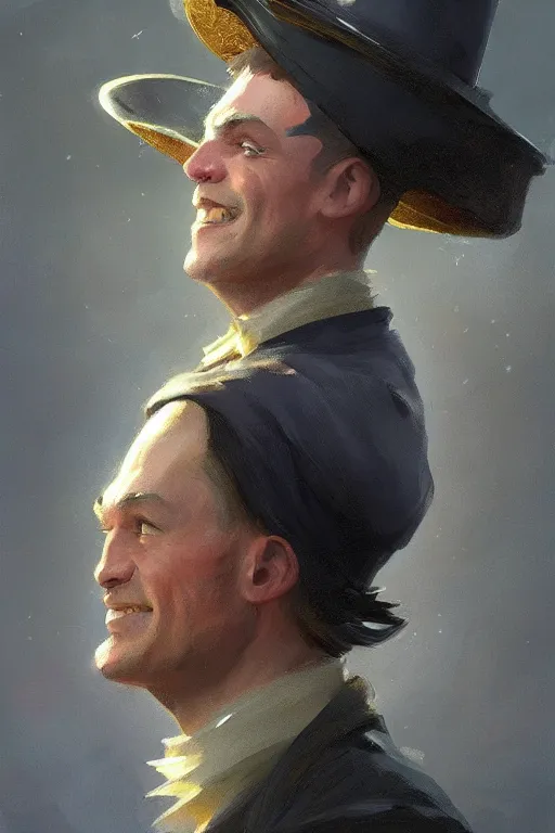 Prompt: fantasy art smug smile man, fancy flashy hat, colorful rich fantasy clothing, sharp fashion, slick hair, oil painting, hd, character portrait, artstation, n. c. wyeth, sargent, greg rutkowski, no beard, hq, detailed hat,