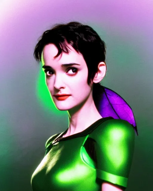 Prompt: photos of beautiful young actress Winona Ryder as a real life soranik natu soaring thru outer space as a Green Lantern, young Winona Ryder, photogenic, purple skin, short black pixie like hair, photography, studio lighting, cinematic