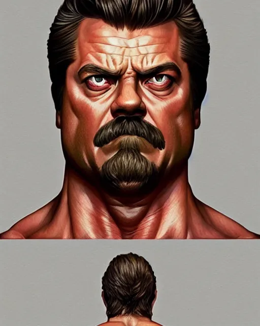 Image similar to gigachad ron swanson bodybuilder in final fight office by ilya kuvshinov, ernest khalimov body by krista sudmalis, fantasy character portrait, hyper realistic, intricate, elegent, highly detailed, digital painting, concept art, smooth, sharp, focus, illustration, art by artgerm and greg rutkowski and alphonse mucha, artstation