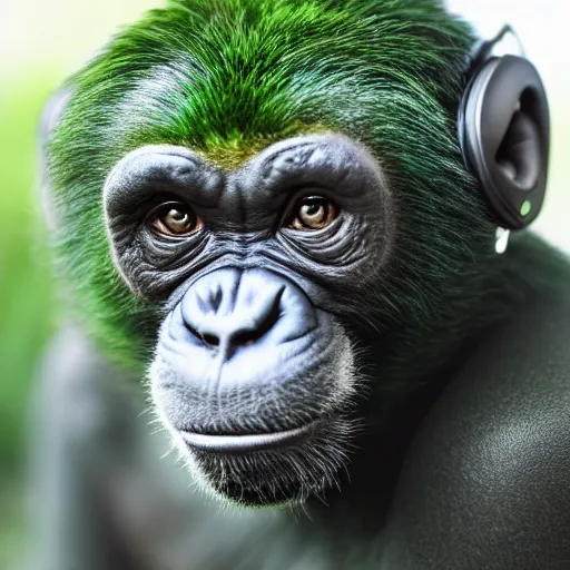 Image similar to a high quality photo of a green chimp wearing headphones, realism, 8k