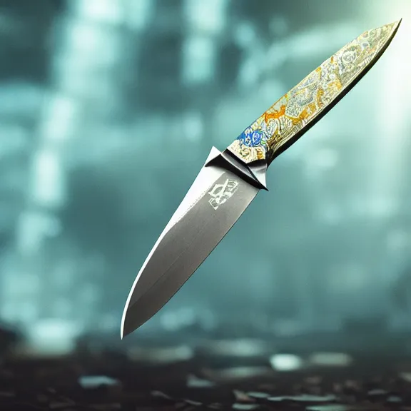 Image similar to fantasy knife, splash art, movie still, cinematic lighting, dramatic, octane render, long lens, shallow depth of field, bokeh, anamorphic lens flare, 8k, hyper detailed, 35mm film grain