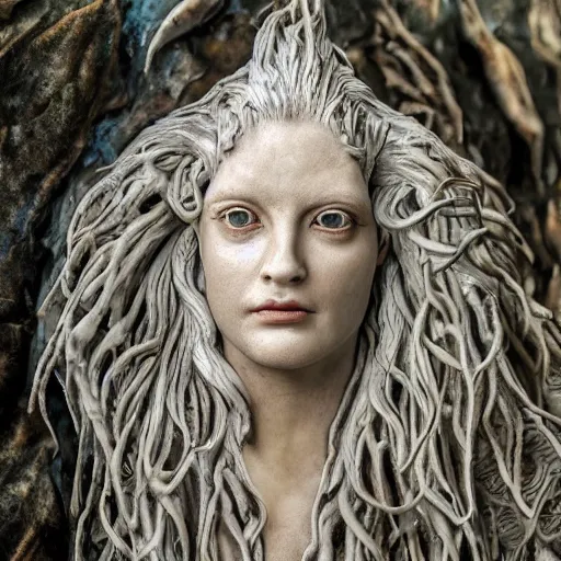 Prompt: photo taken of an epic intricate, ultra detailed, super realistic gritty, terrifying, lifelike bust sculpture of a enchanting siren creature design created by weta workshop, zoomed in shots, photorealistic, sharp focus, white wall coloured workshop, cold colour temperture, f 0. 4, face centred