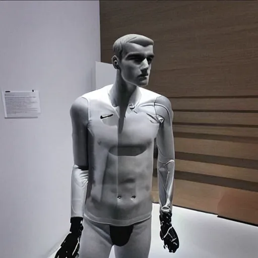 Image similar to “ a realistic detailed photo of a guy who is an attractive humanoid who is half robot and half humanoid, who is a male android, soccer player antoine griezmann, shiny skin, posing like a statue, blank stare, at the museum, on display ”