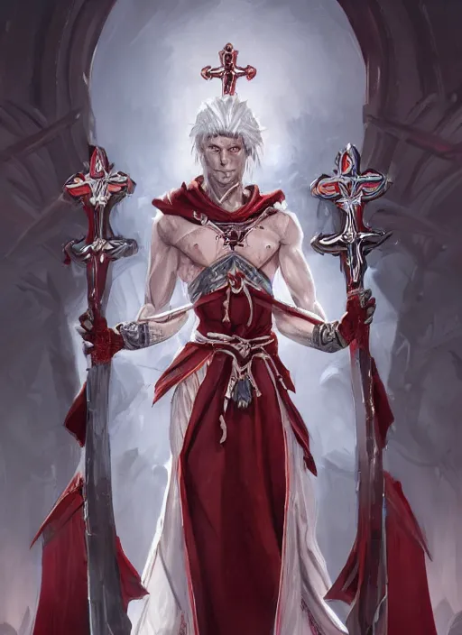 Image similar to a highly detailed illustration of white haired african priest, wearing cross on robe, wielding red blades made of blood, evil standing smiling pose, muscular, intricate, elegant, highly detailed, centered, digital painting, artstation, concept art, smooth, sharp focus, league of legends concept art, WLOP