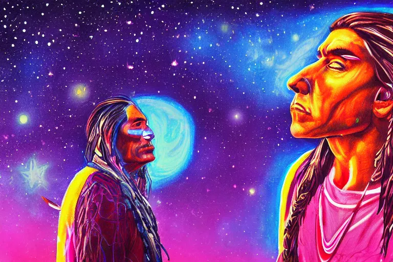 Image similar to digital art of a spiritual native american man looking up at the stars, acrylic art, universe, painting, pastel colors, synthwave, retro, cyberpunk,