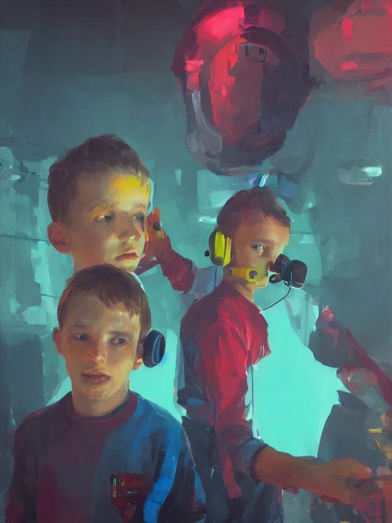 Image similar to a portrait of boy in a disco in a painting from stalenhag, 4 k, 8 k, hdr, artstation, concept art