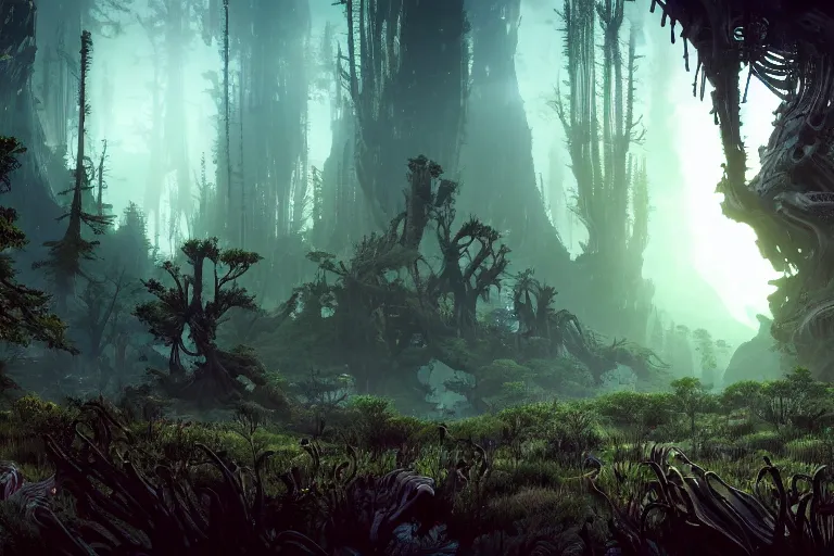 Image similar to wide epic shot from horizon forbidden west. a hyper detailed organic mechanic creatuve realistic similar look as horizon forbidden west horizon zero dawn, bioluminiscence in a dark deep forest at dawn in spring, with reflection and textures, by kilian eng, substance painter reaslitic mech surface metal painted scratches, world env from horizon forbidden west horizon zero dawn