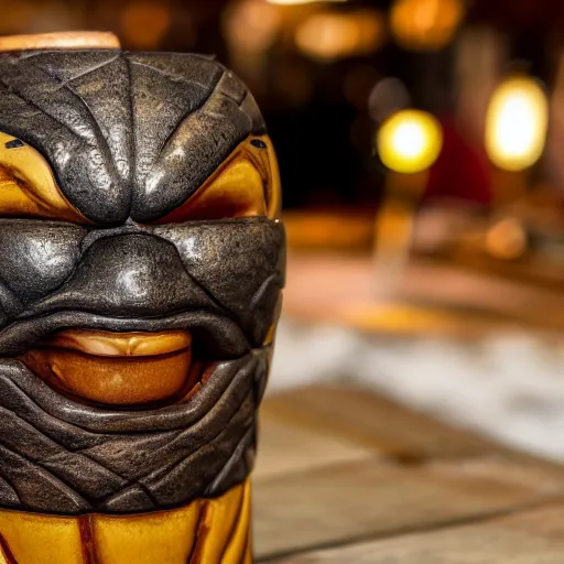 Image similar to a closeup photorealistic photograph of ben grimm's face on a tiki mug at a trader vic's beach bar. fantastic four. tiki culture. bright scene. fine detail. this 4 k hd image is trending on artstation, featured on behance, well - rendered, extra crisp, features intricate detail, epic composition and the style of unreal engine.