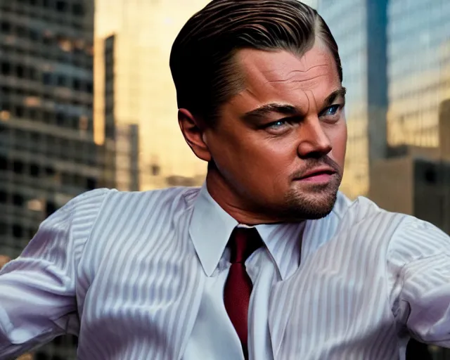 Image similar to leonardo dicaprio as the wolf of wall street, cinamtic, long shot, hyper detailed, highly detailed face, 8 5 mm photograph, 8 k resolution, film still, sharp lens, wide lens