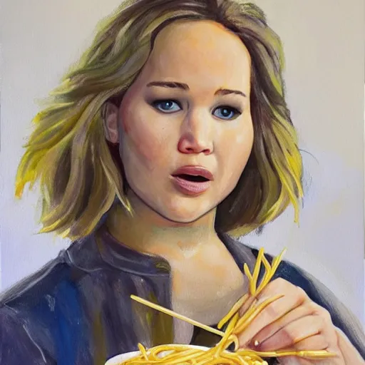 Image similar to fat jennifer lawrence eating spaghetti, painting,