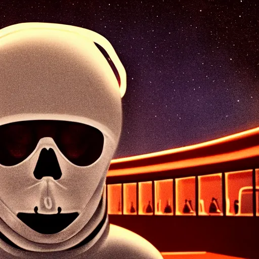 Prompt: a portrait of an astronaut, his head is a skull, it is night and the sky is covered in stars, dramatic and cinematic lights, in the style of edward hopper, 4 k,