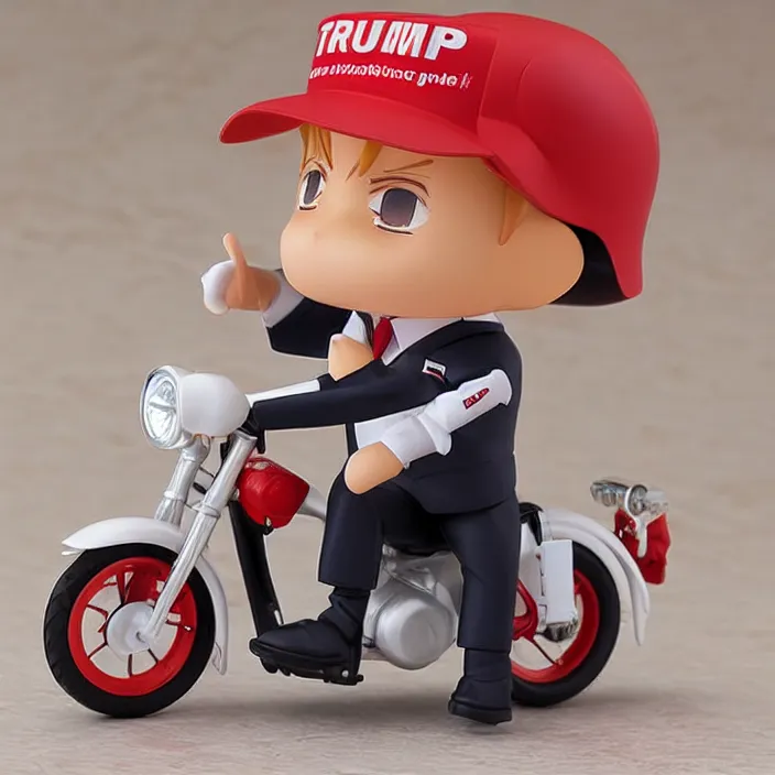 Image similar to donald trump, an anime nendoroid of donald trump riding a bike, figurine, detailed product photo