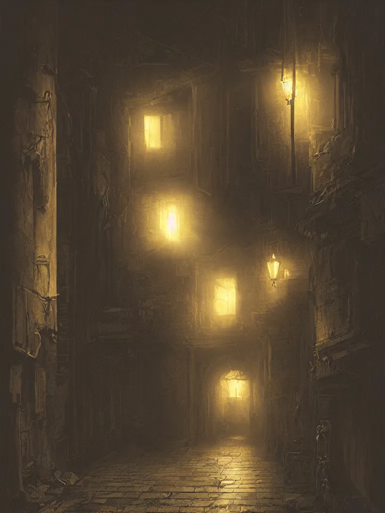 Image similar to a nightscene with a dark alley at the end an illuminated door in the style of greg rutkowski and hiromasa ogura