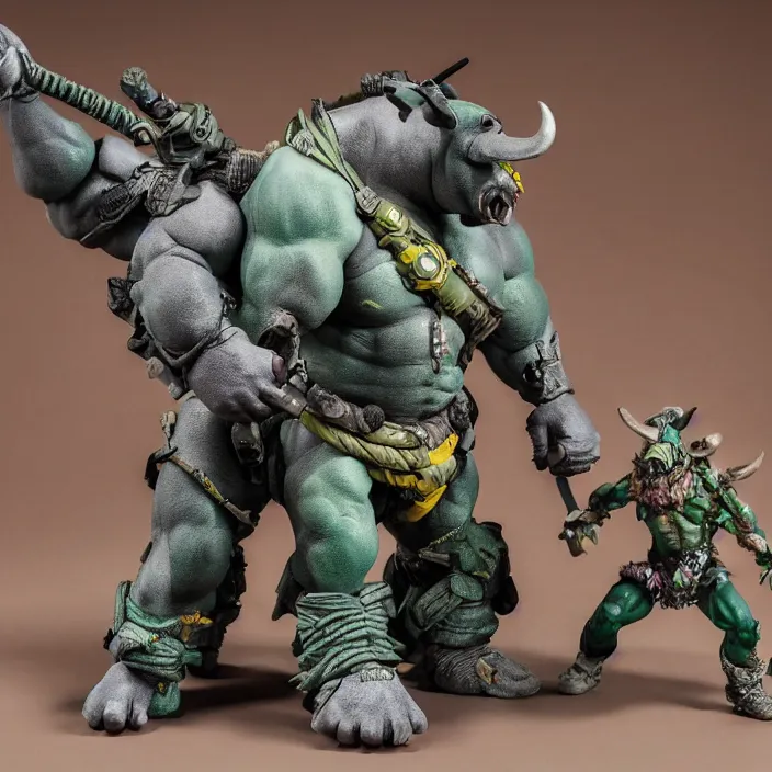 Image similar to a detailed figure of beebop and rocksteady, first 4 figures, detailed product photo