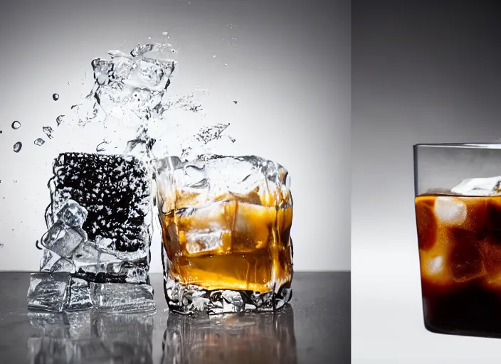 Prompt: a huge amount of ice cubes and a single shot of espressor, food photography, incredible lighting