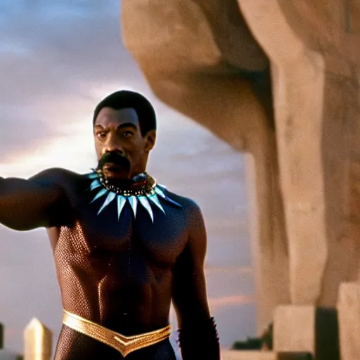 Prompt: film still of 1980s Eddie Murphy as T’Chala in Black Panther movie