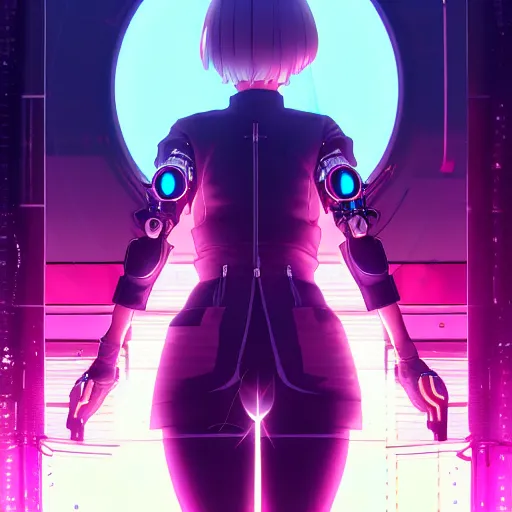 Image similar to cyberpunk anime art, refractions on lens, queen elisabeth as a beautiful cyborg girl in the style of arcane, full round face, biomechanical details, full body shot, rain, wet street, window reflections, lens flare, wlop, ilya kuvshinov, artgerm, krenz cushart, greg rutkowski