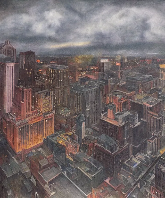 Image similar to horrifying full color photorealistic painting of the view from a 1 9 2 5 hotel terrace balcony overlooking a warped view of downtown 1 9 2 5 boston with a cosmic sky, dark, atmospheric, brooding, smooth, finely detailed, cinematic, epic, in the style of dave dorman